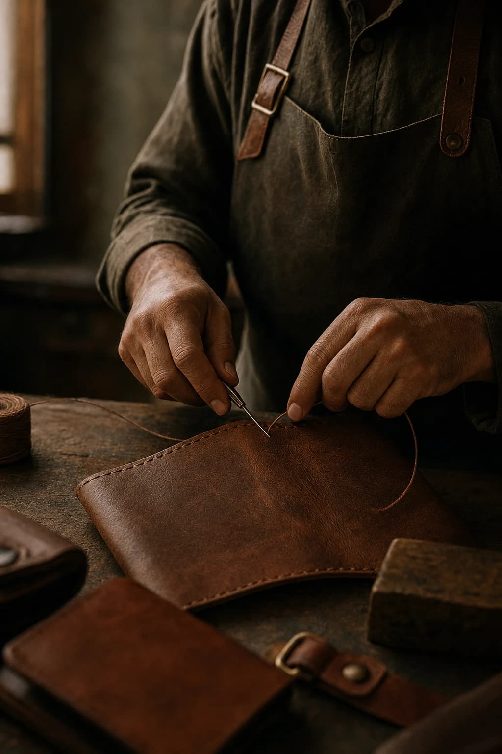 Artisan hands hand-stitching full-grain leather at a workshop bench