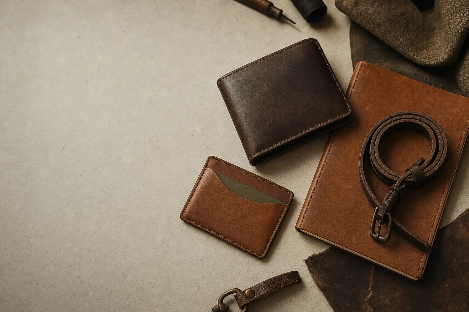 Full-grain leather everyday essentials arranged on a warm worktable